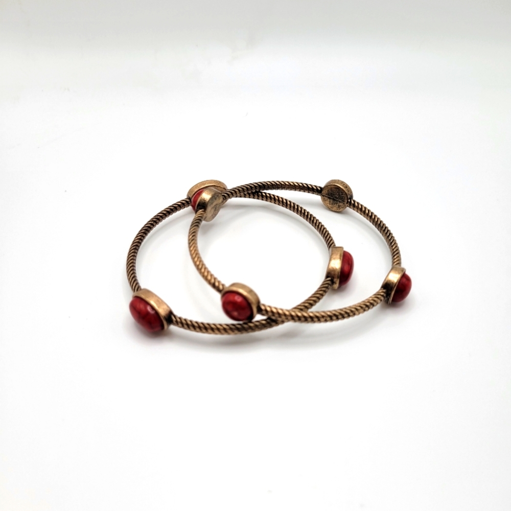 Stackable Set Bangled Red Jeweled Gold Bracelets - image 1